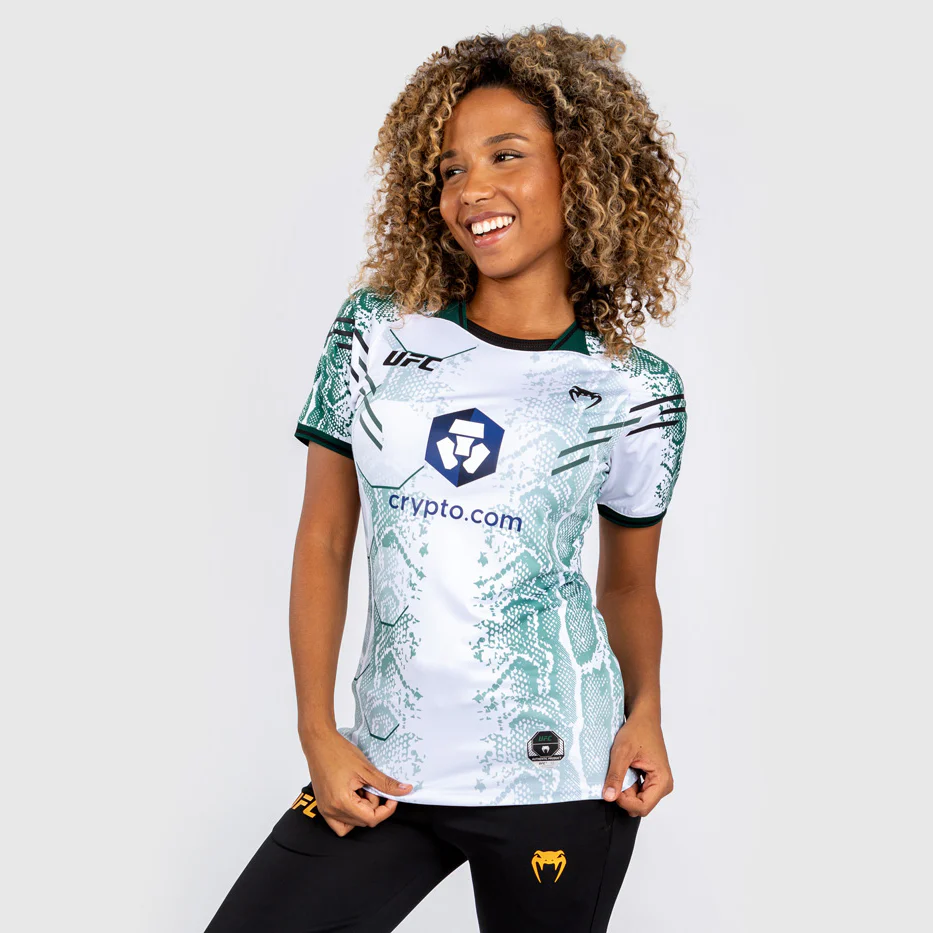UFC Adrenaline by Venum Personalized Authentic Fight Night Mujer Walkout Jersey - Emerald Edition - Blanco/Verde - Image 3