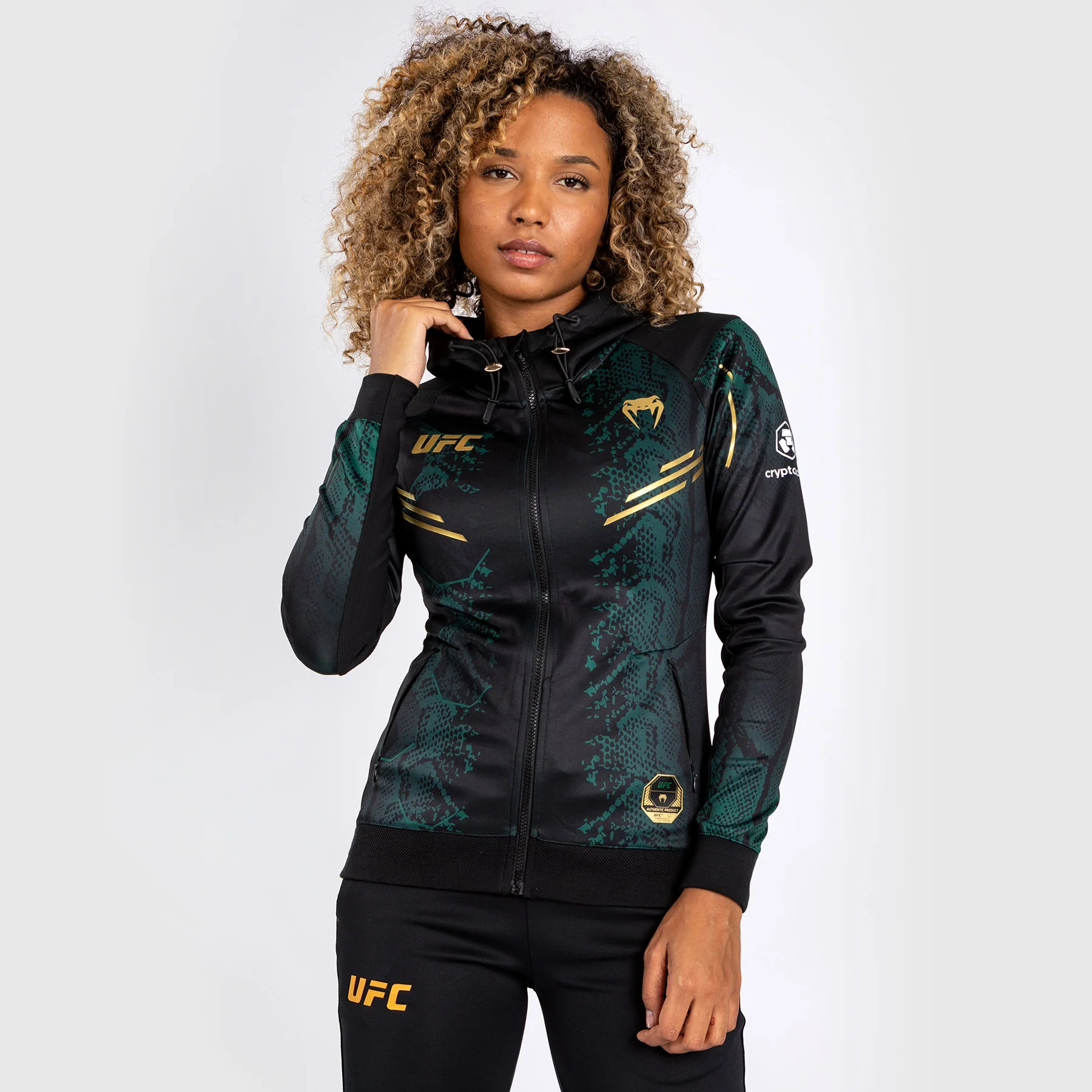 UFC Adrenaline by Venum Authentic Fight Night Sudadera con capucha Walkout para mujer - Emerald Edition - Verde/Negro/Dorado - Image 4