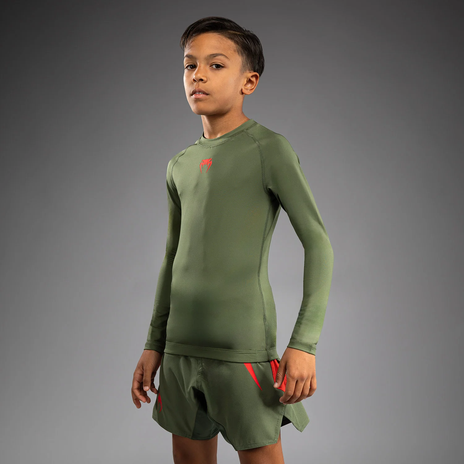 Venum Contender Rashguards Manga Larga para Niños - Verde Ejército/Naranja - Image 2